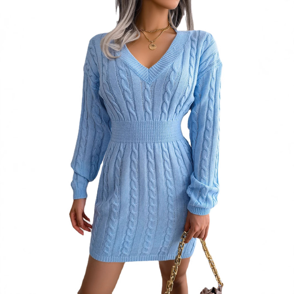 Women's V-Neck Cable Knit Waist-Controlled Mini Sweater Dress