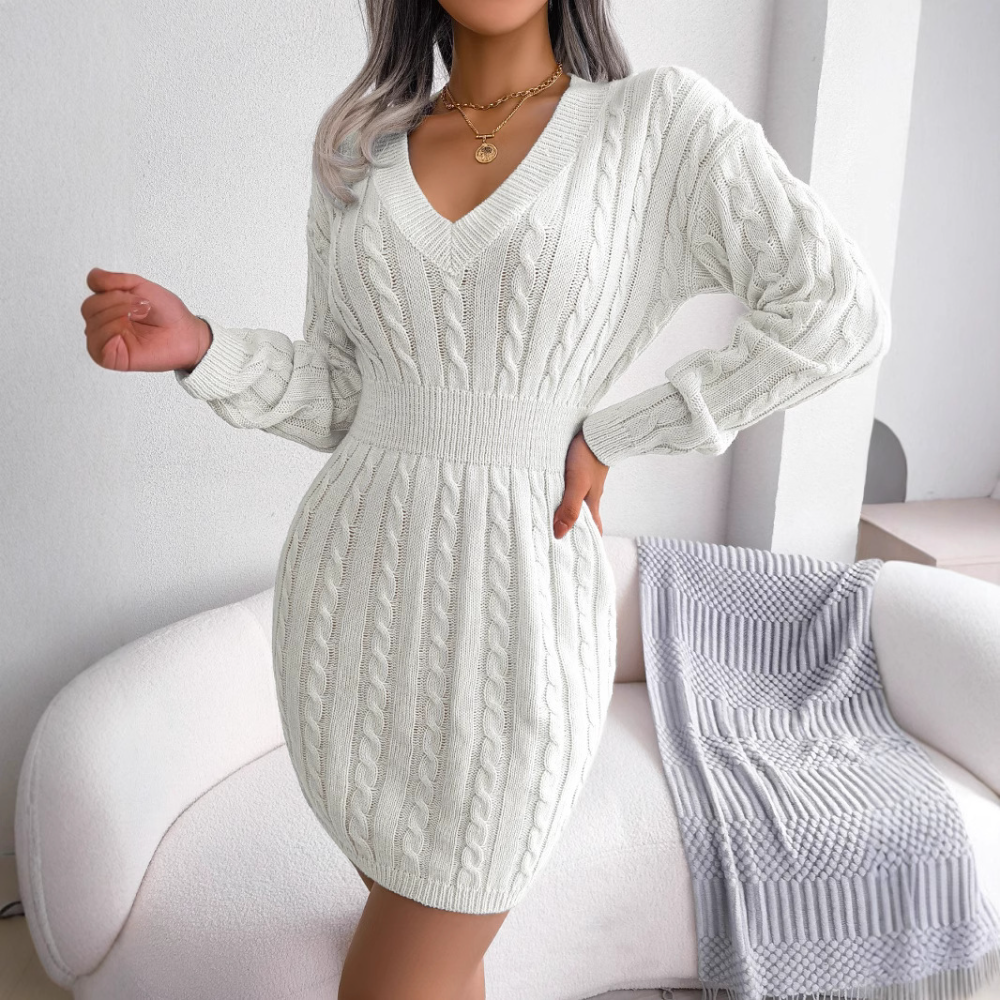 Women's V-Neck Cable Knit Waist-Controlled Mini Sweater Dress